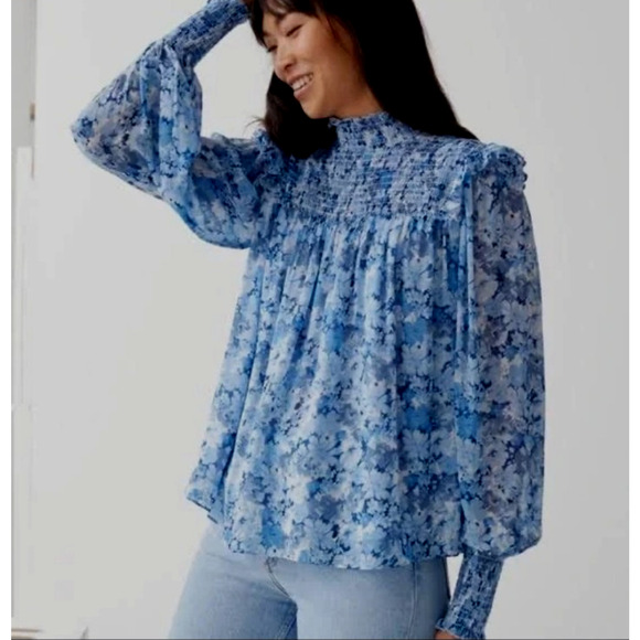 & OTHER STORIES Smocked A-Line Blouse Blue Floral Cottage Boho Chic Sheer Size 4 - Picture 2 of 14